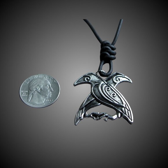 Odin's Ravens Pendant Necklace with Hand Knotted Soft Black Leather Cord - Picture 4 of 9